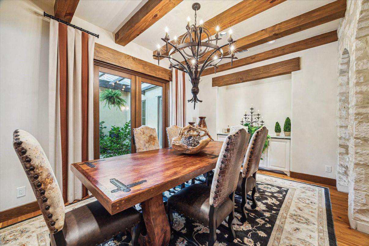 Chandelier, Dining room, Interior, Wooden Beams, Wood Texture Flooring