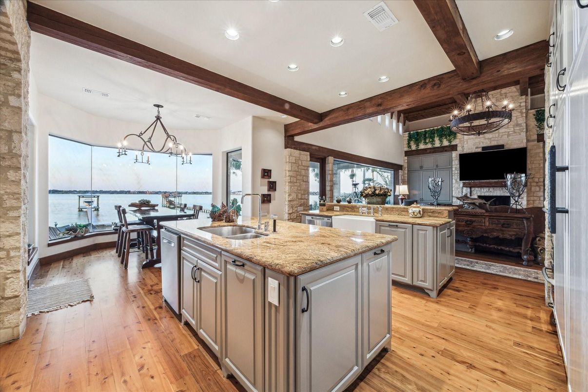 Chandelier, Dining room, Interior, Kitchen, Recessed Lighting, Stone Walls, Water, Wooden Beams, Wood Texture Flooring