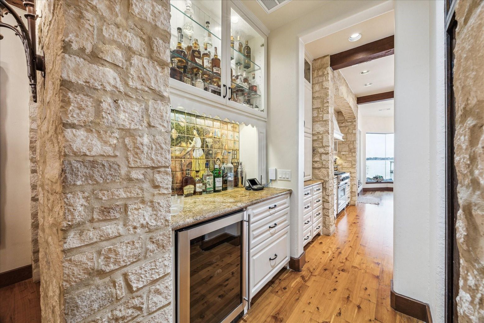 Interior, Recessed Lighting, Stone Walls, Wooden Beams, Wood Texture Flooring