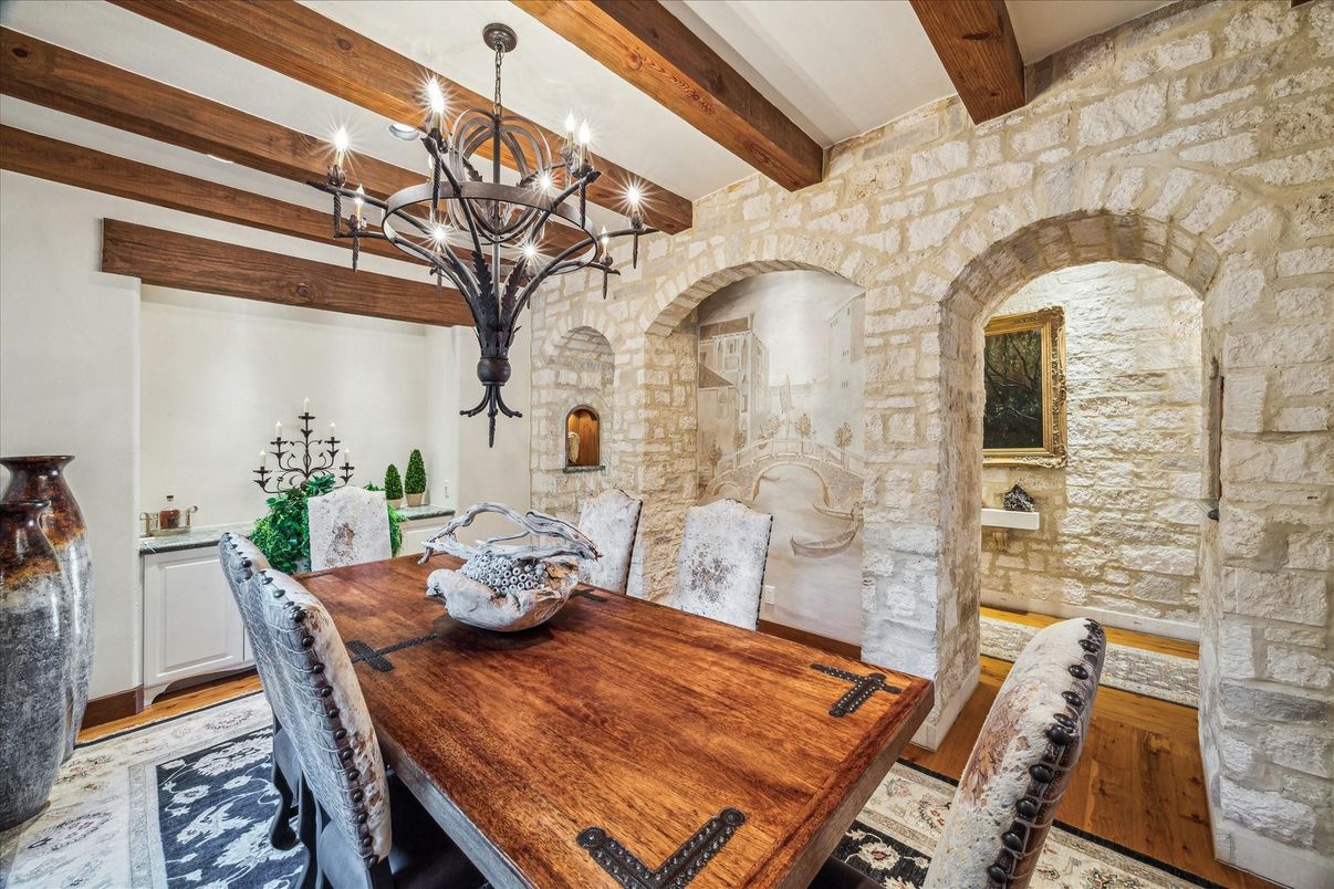 Chandelier, Dining room, Interior, Stone Walls, Wooden Beams, Wood Texture Flooring