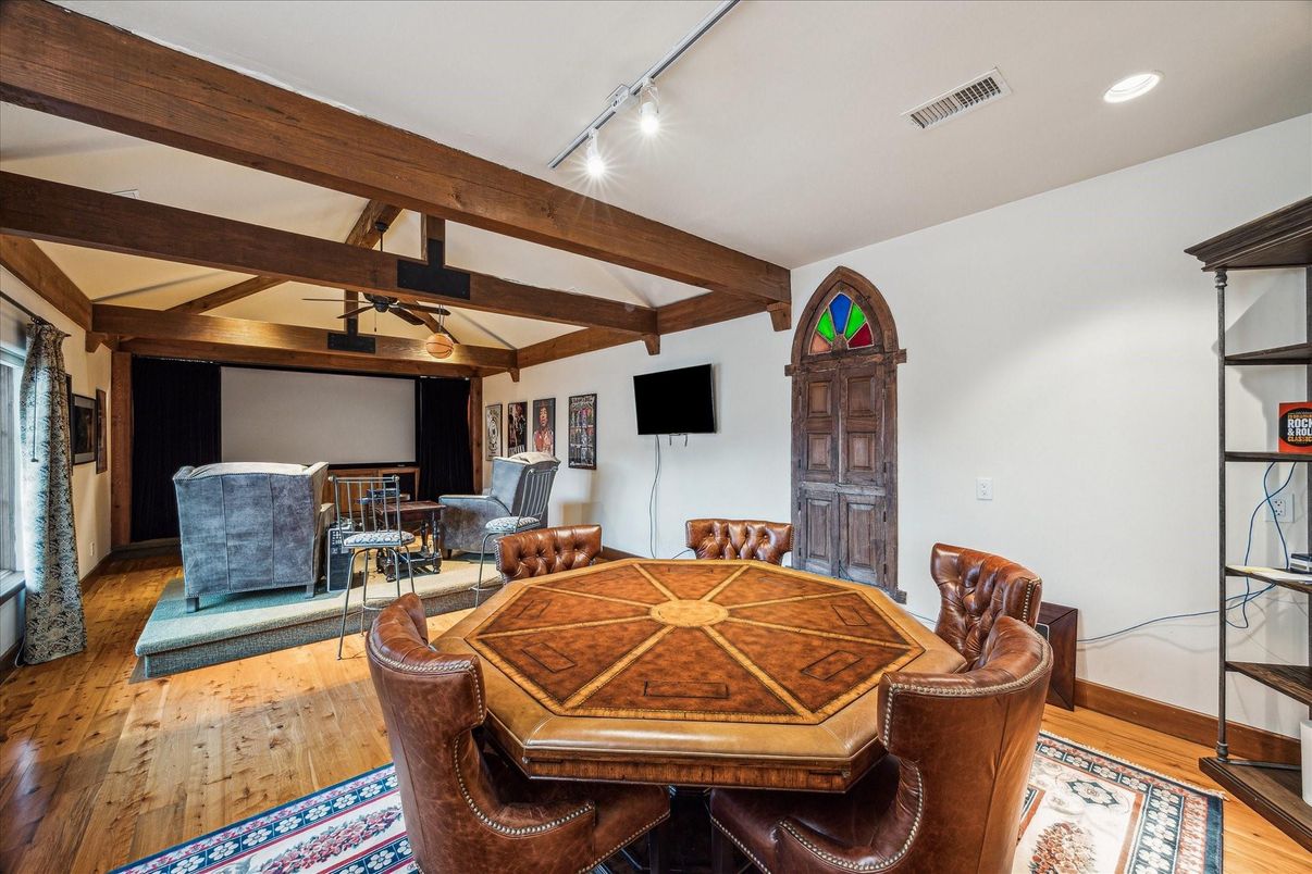 Dining room, Interior, Living room, Projection Screen, Recessed Lighting, Wooden Beams, Wood Texture Flooring