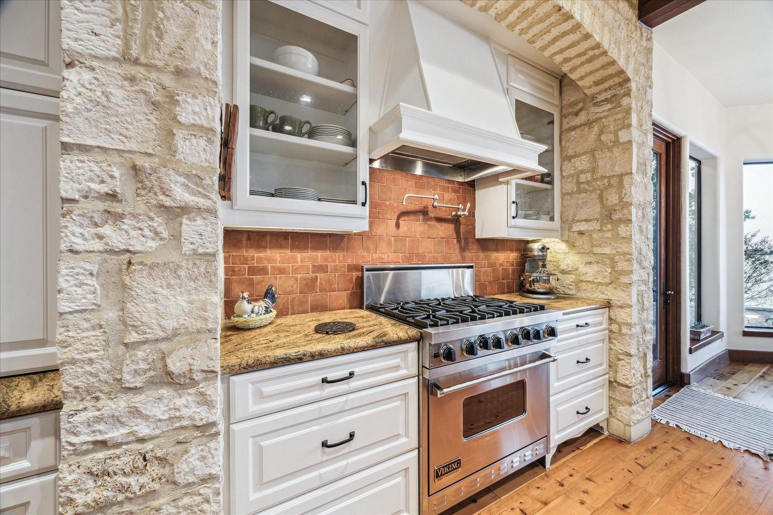 Interior, Kitchen, Stainless Steel Appliances, Stone Walls, Wood Texture Flooring