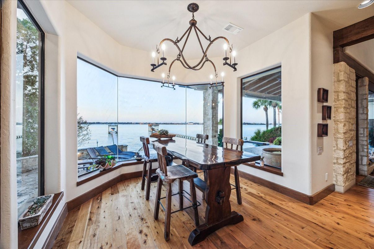 Chandelier, Dining room, Interior, Water, Wood Texture Flooring