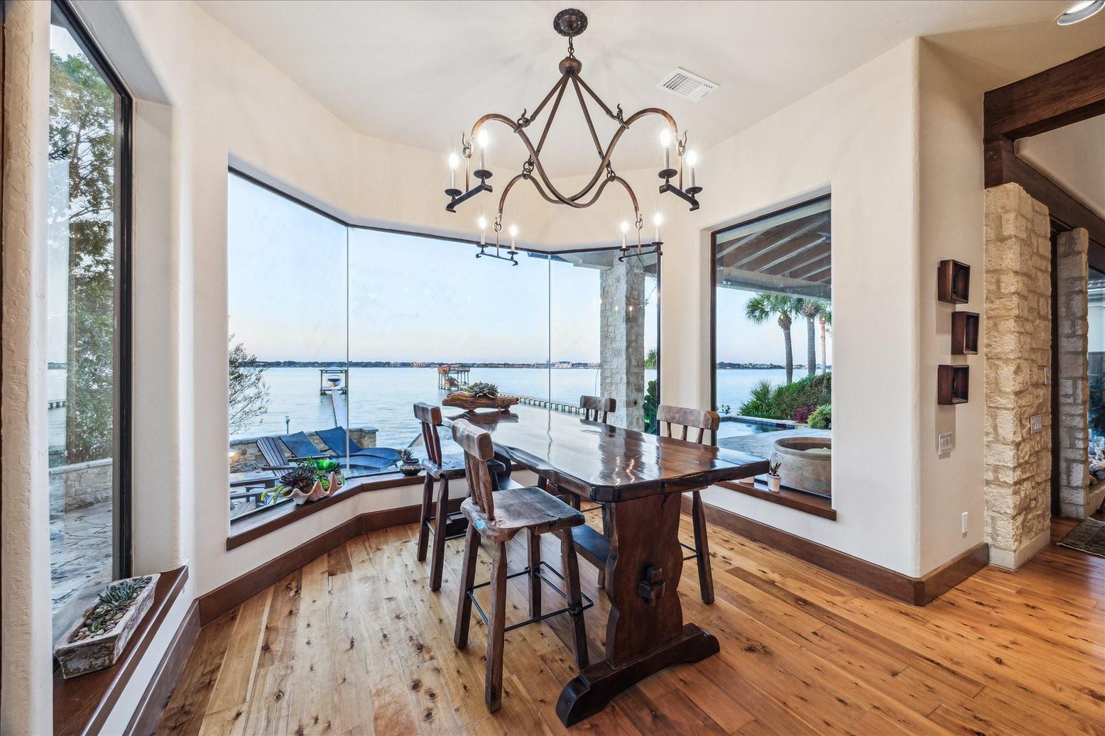 Chandelier, Dining room, Interior, Water, Wood Texture Flooring