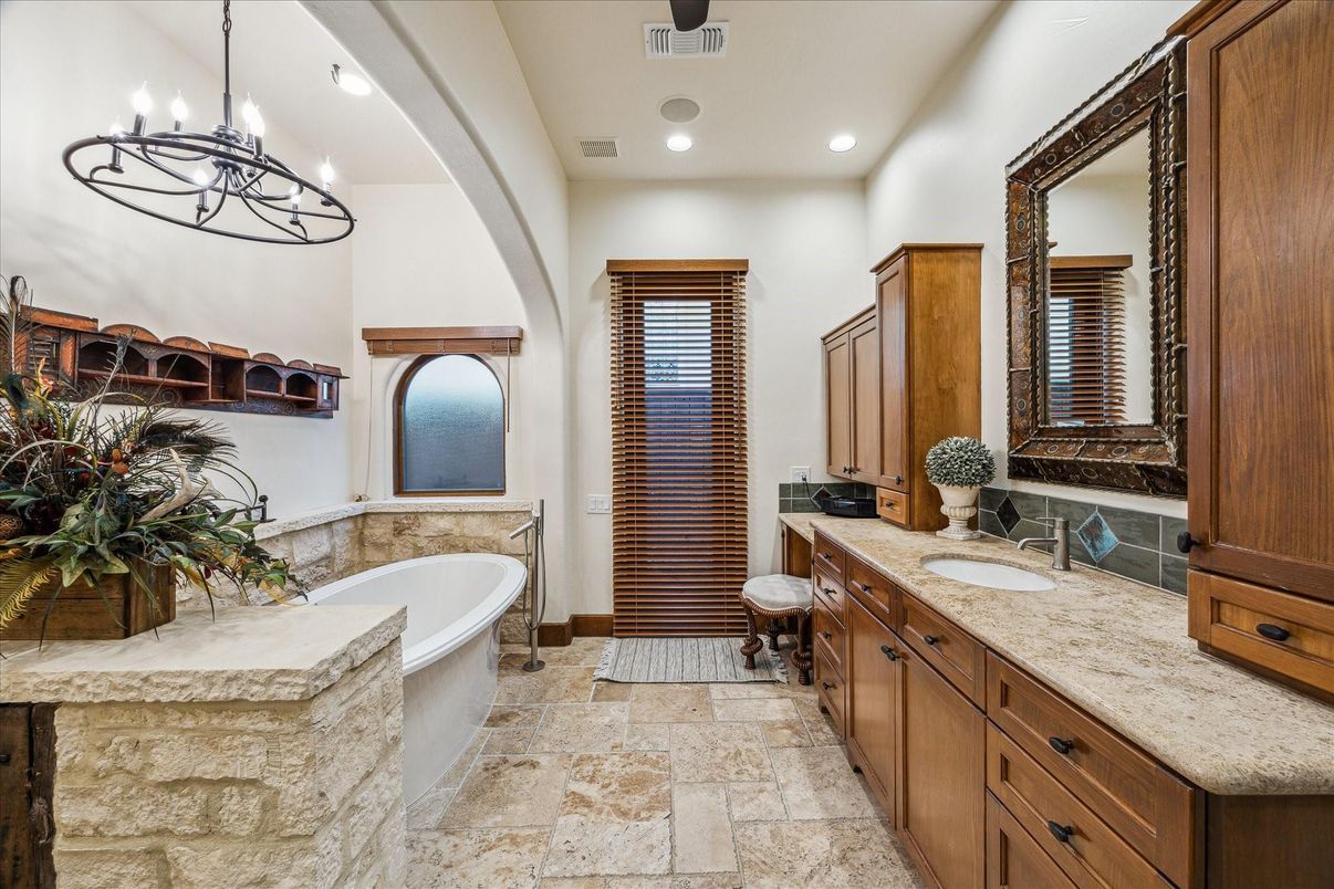 Bathroom, Chandelier, Dual Sink Vanities, Free Standing Baths, Interior, Recessed Lighting