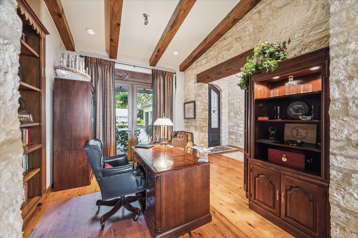 Home Office, Interior, Recessed Lighting, Stone Walls, Wooden Beams, Wood Texture Flooring