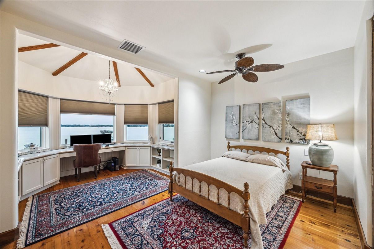 Bedroom, Chandelier, Home Office, Interior, Wooden Beams, Wood Texture Flooring