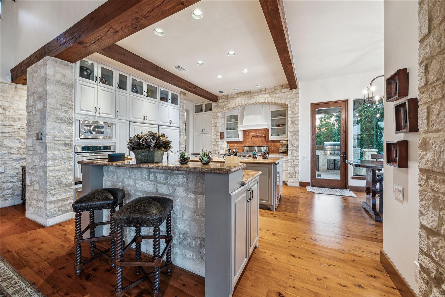 Interior, Kitchen, Recessed Lighting, Wooden Beams, Wood Texture Flooring