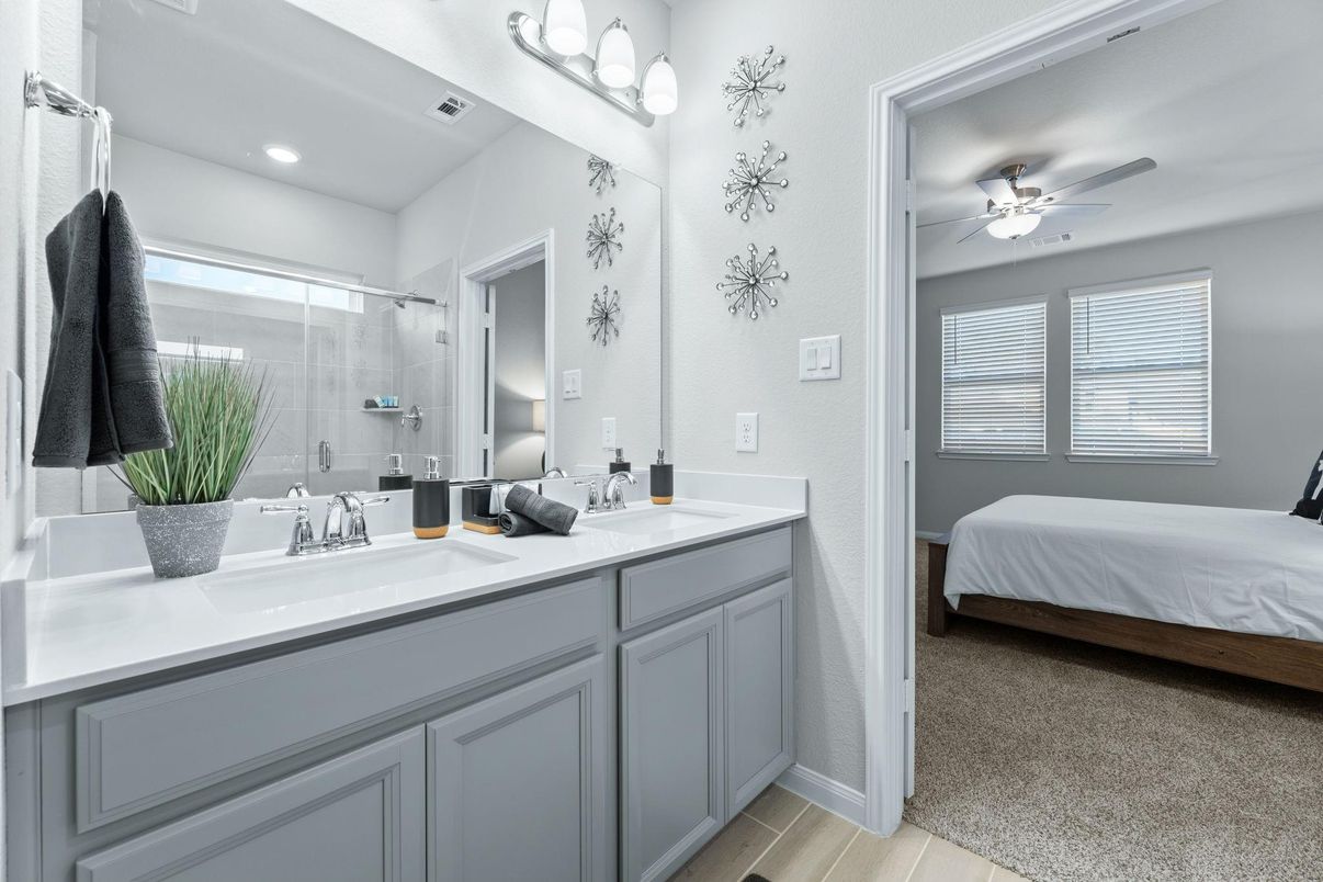 Bathroom, Bedroom, Dual Sink Vanities, Glass Shower, Interior, Recessed Lighting, Wood Texture Flooring