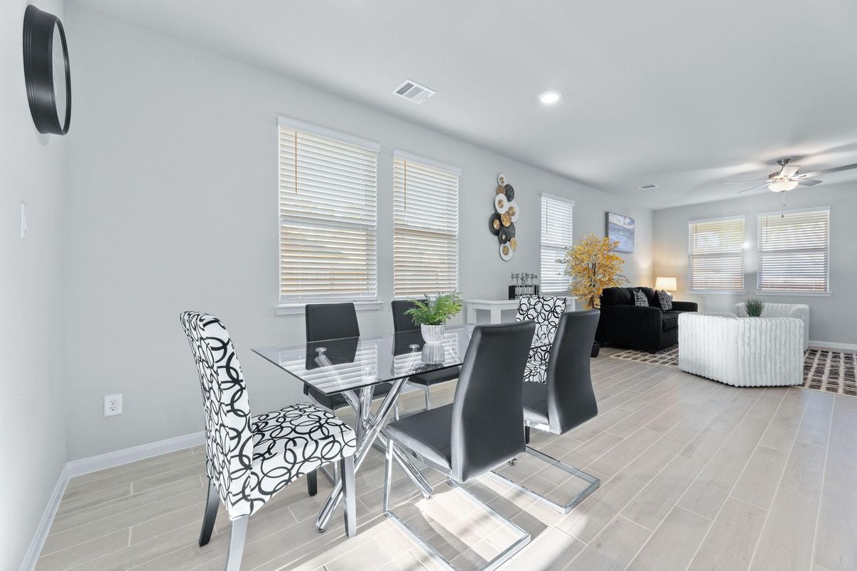 Dining room, Interior, Living room, Recessed Lighting, Wood Texture Flooring