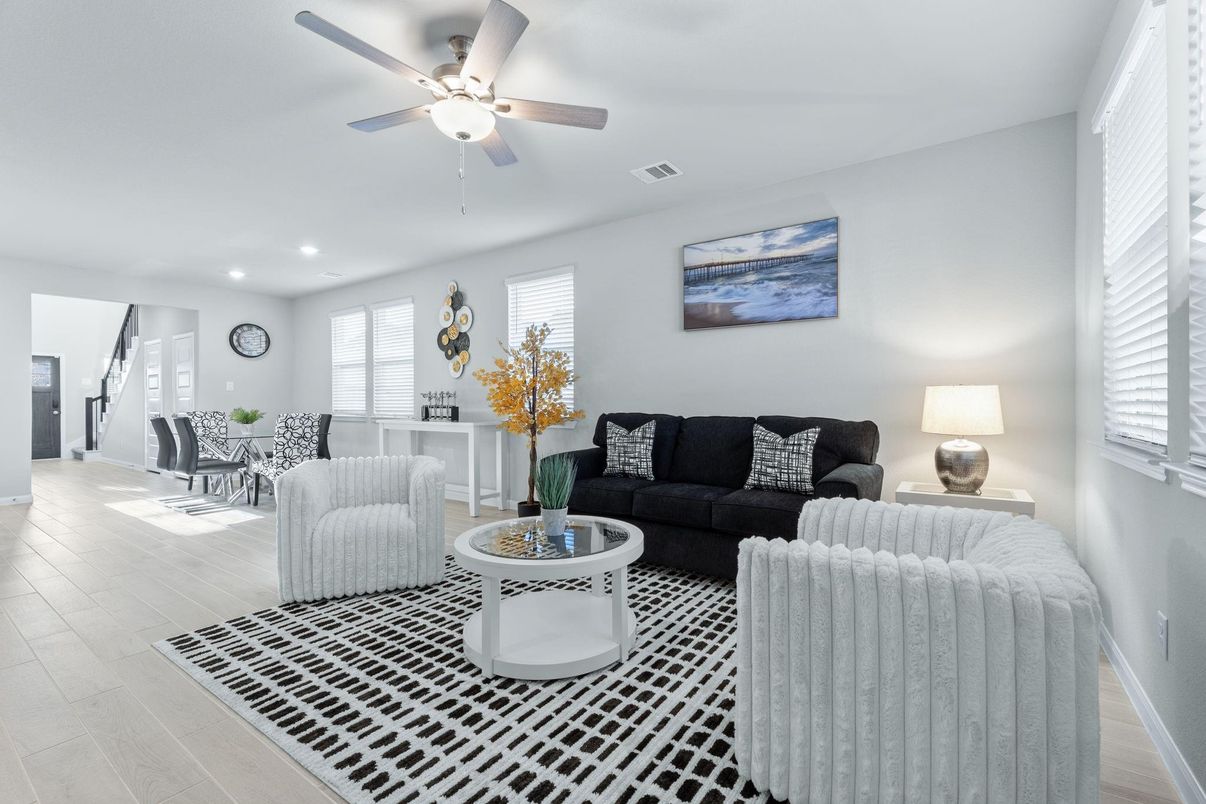 Dining room, Interior, Living room, Recessed Lighting, Wood Texture Flooring