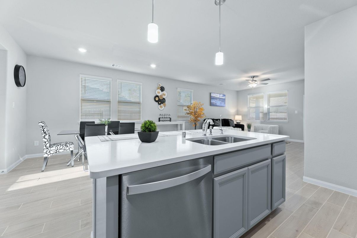 Dining room, Interior, Kitchen, Pendant Lights, Recessed Lighting, Wood Texture Flooring