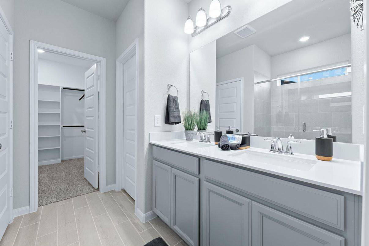 Bathroom, Dual Sink Vanities, Glass Shower, Interior, Recessed Lighting, Walk-in Closets, Wood Texture Flooring