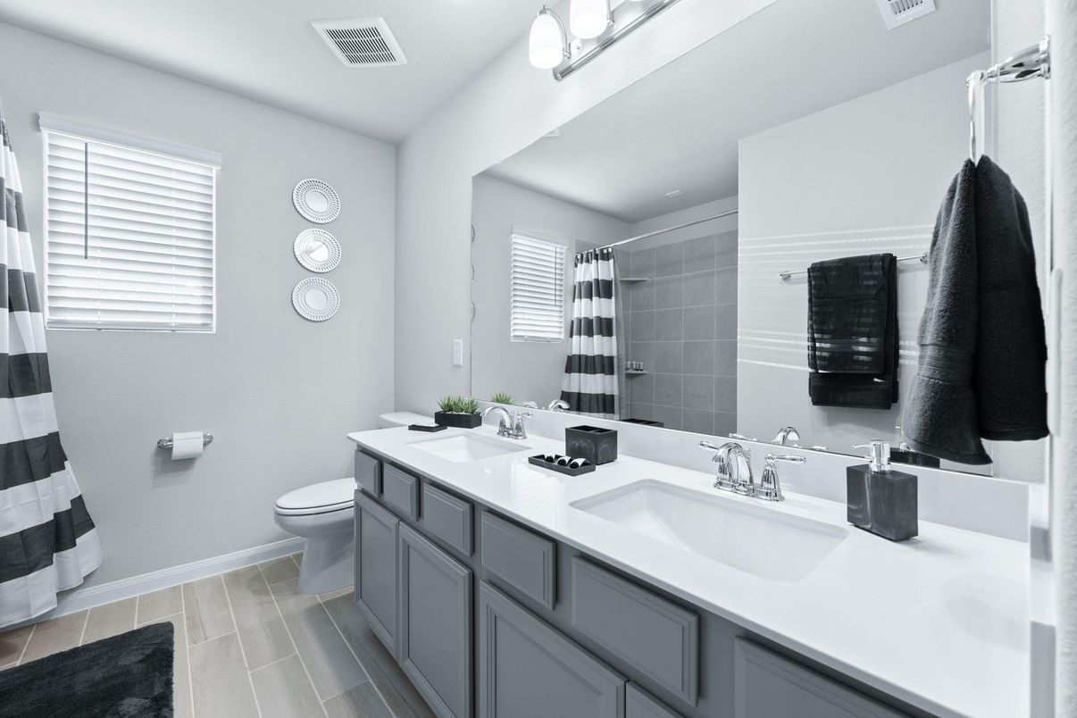 Bathroom, Dual Sink Vanities, Glass Shower, Interior, Wood Texture Flooring