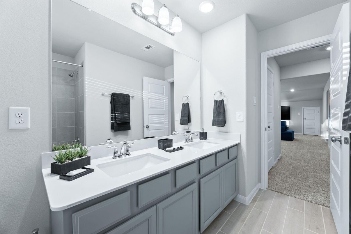 Bathroom, Dual Sink Vanities, Interior, Recessed Lighting, Wood Texture Flooring