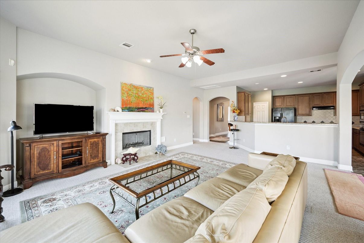 Fireplace, Interior, Kitchen, Living room, Recessed Lighting