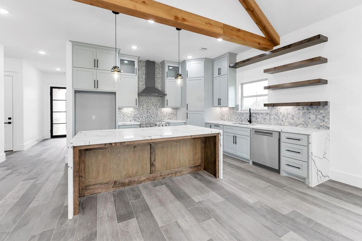 Interior, Kitchen, Pendant Lights, Recessed Lighting, Stainless Steel Appliances, Wooden Beams, Wood Texture Flooring