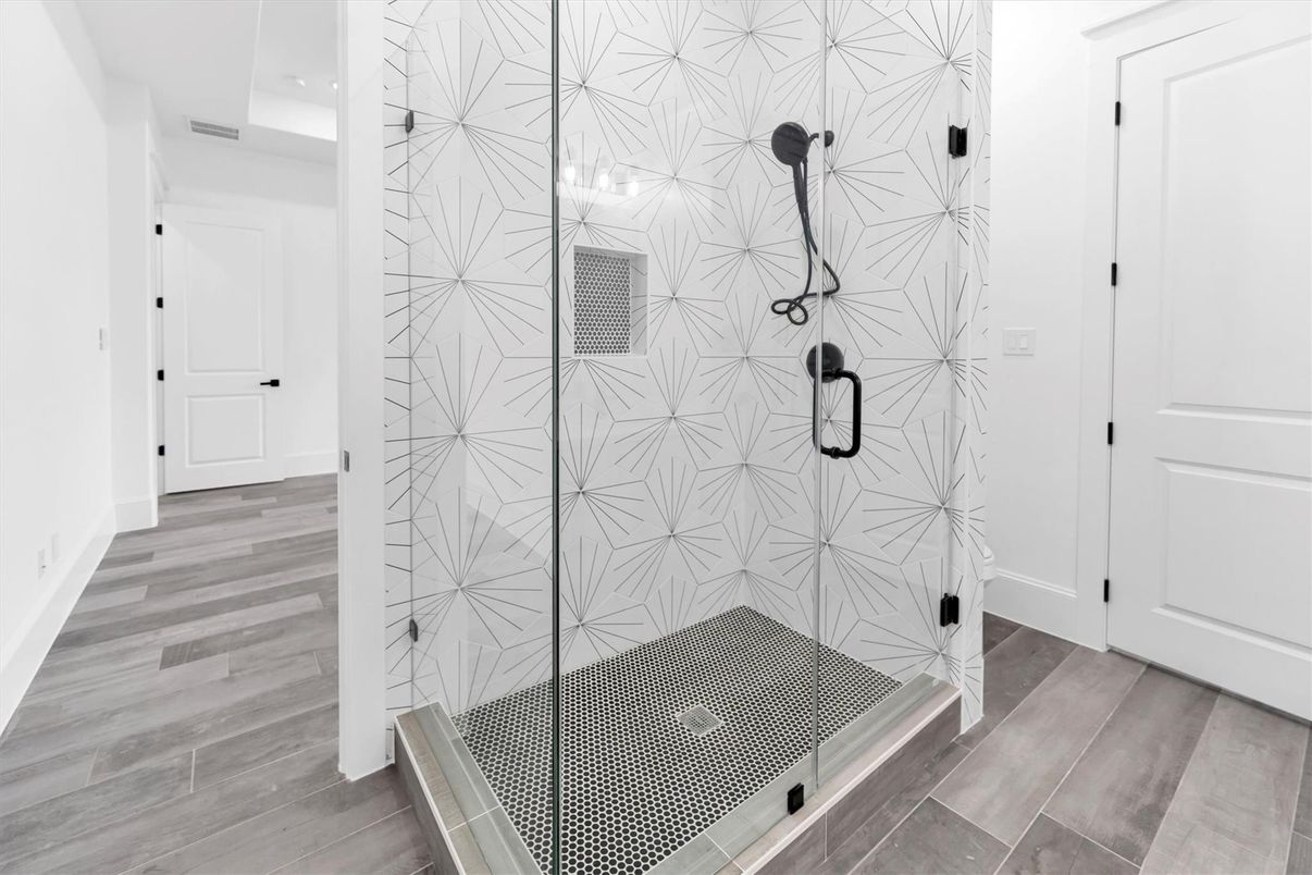 Bathroom, Glass Shower, Interior, Pendant Lights, Recessed Lighting, Wood Texture Flooring