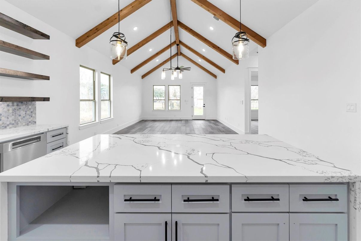 Interior, Kitchen, Pendant Lights, Recessed Lighting, Wooden Beams