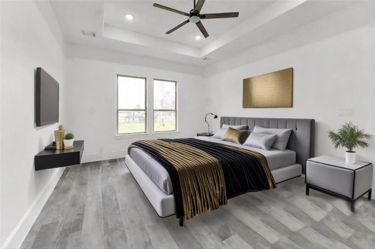 Bedroom, Interior, Recessed Lighting, Wood Texture Flooring