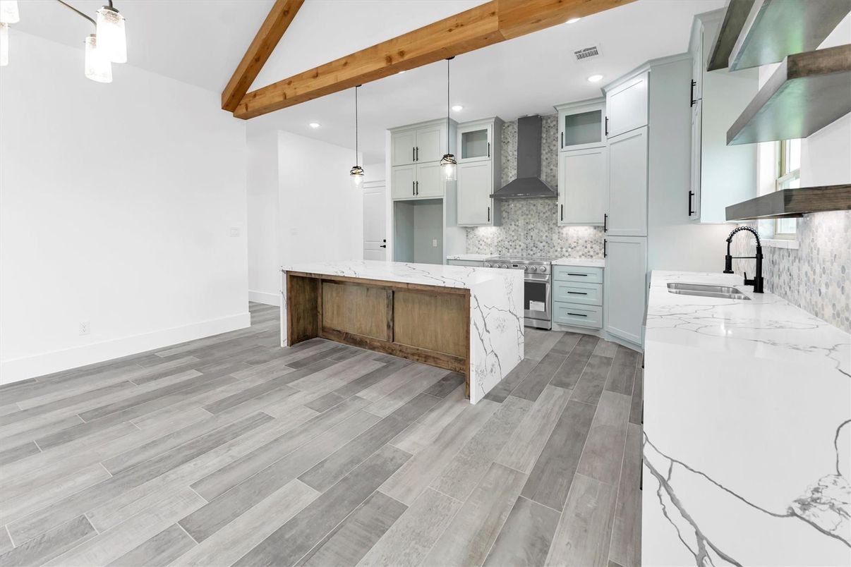 Interior, Kitchen, Pendant Lights, Recessed Lighting, Wooden Beams, Wood Texture Flooring