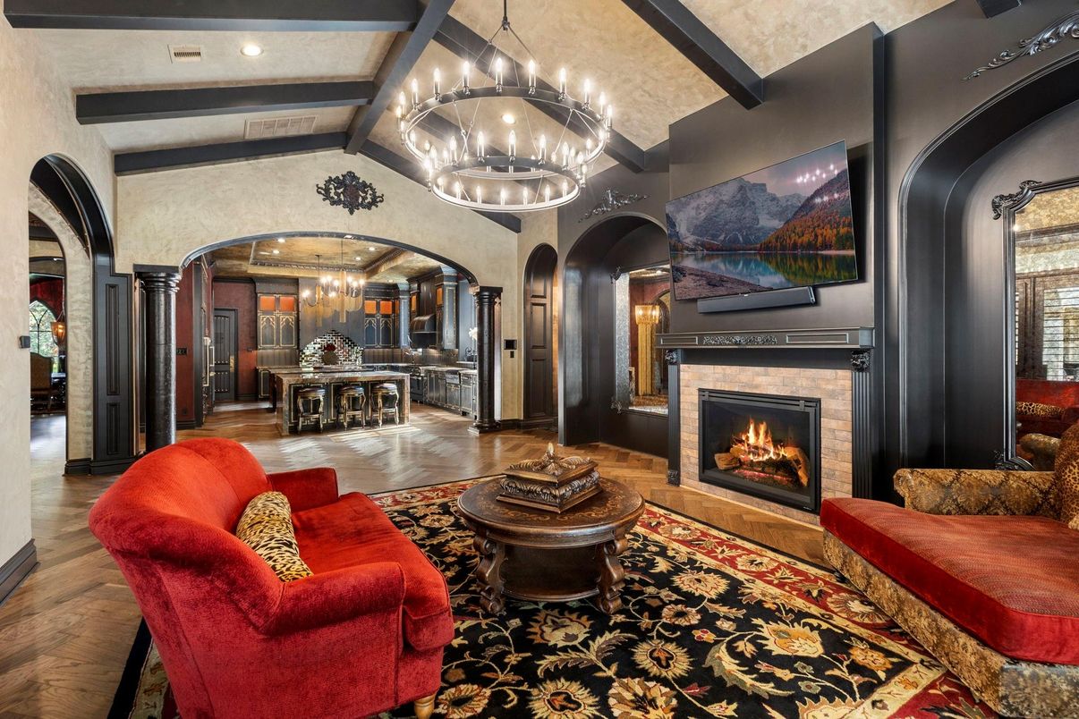 Chandelier, Fireplace, Interior, Living room, Pendant Lights, Recessed Lighting, Wood Texture Flooring