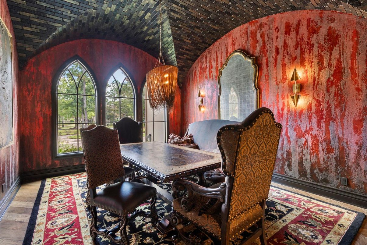 Dining room, Interior, Pendant Lights, Wood Texture Flooring