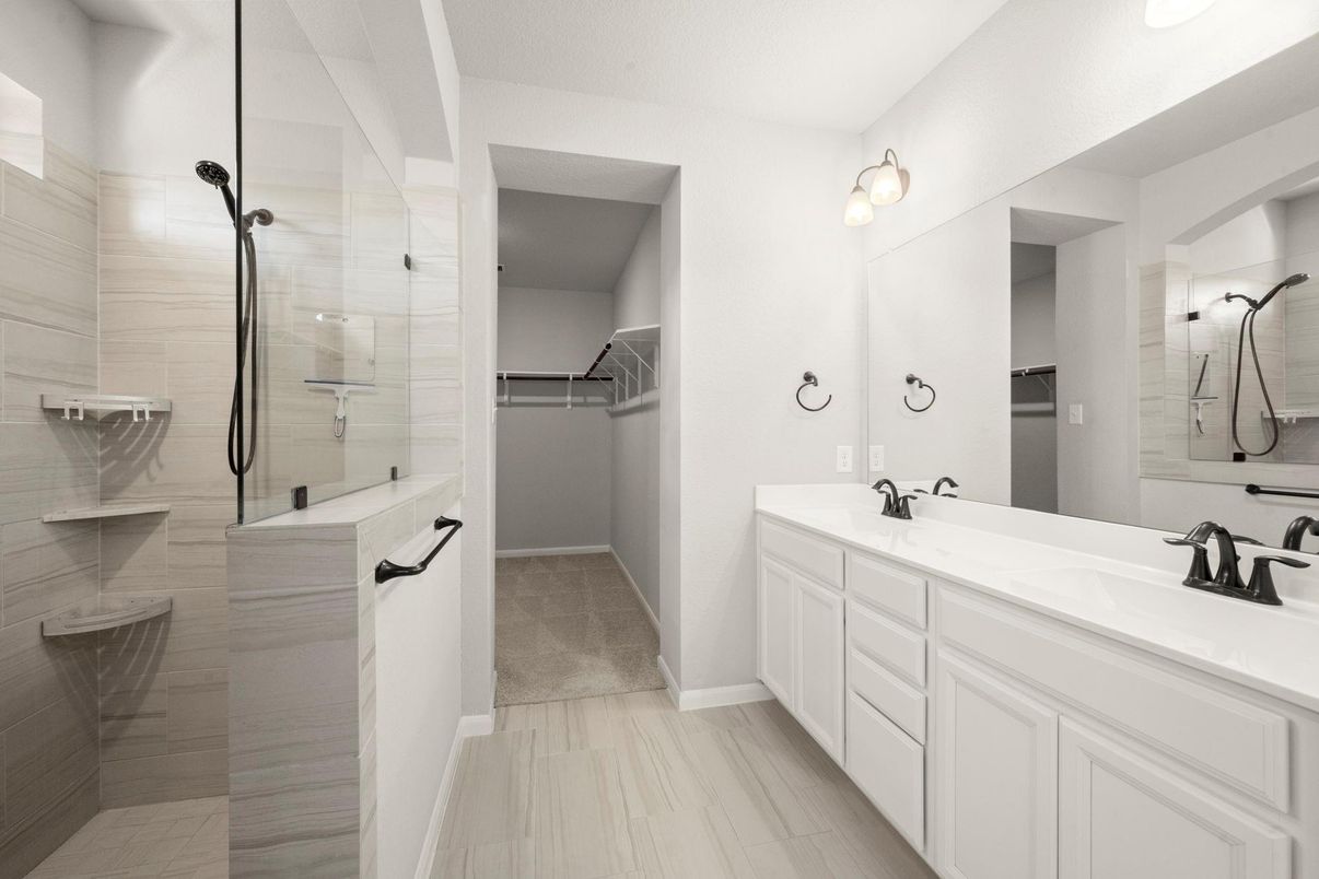 Bathroom, Dual Sink Vanities, Glass Shower, Interior, Walk-in Closets, Wood Texture Flooring