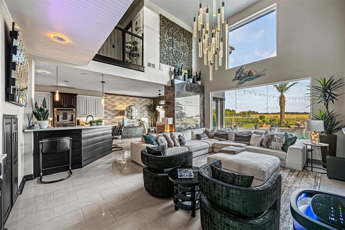 Chandelier, Dining room, Interior, Kitchen, Living room, Pendant Lights, Recessed Lighting, Stone Walls