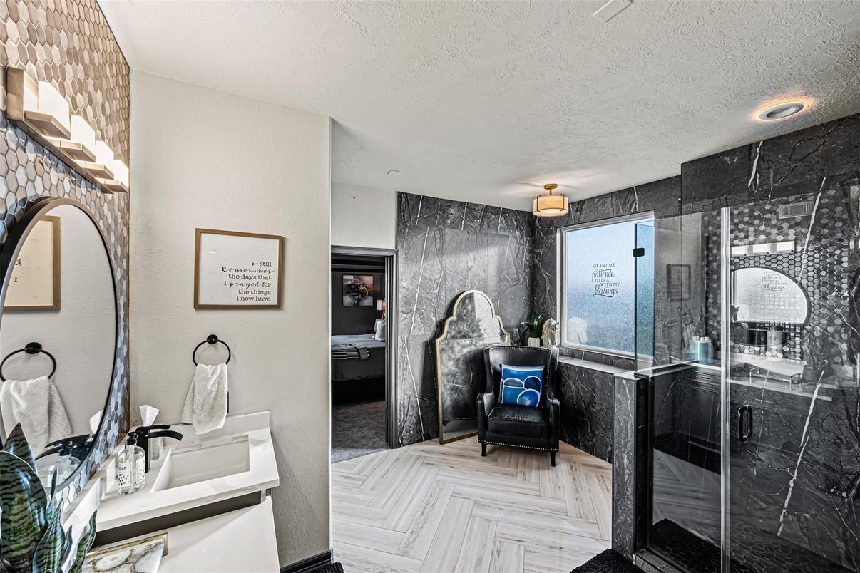 Bathroom, Glass Shower, Interior, Marble Walls, Recessed Lighting, Wood Texture Flooring