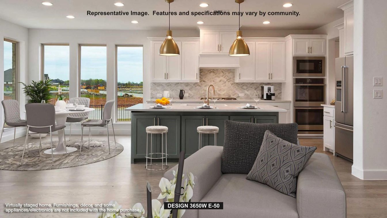 Dining room, Interior, Kitchen, Pendant Lights, Recessed Lighting, Stainless Steel Appliances, Water, Wood Texture Flooring