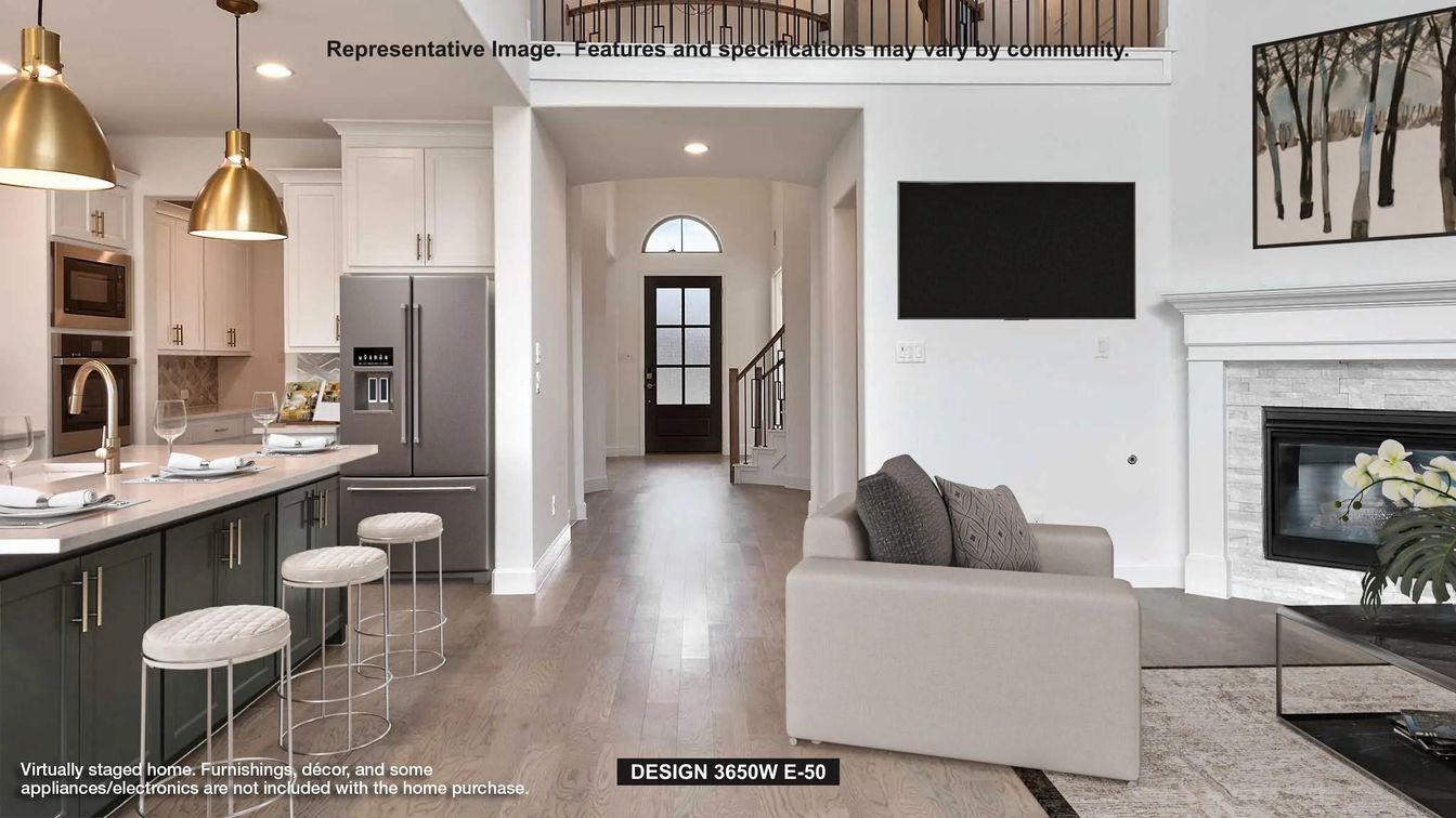 Fireplace, Interior, Kitchen, Pendant Lights, Recessed Lighting, Wood Texture Flooring