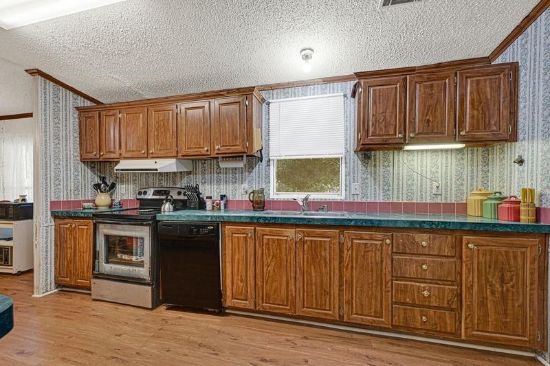 Interior, Kitchen, Tile Countertops, Wood Texture Flooring