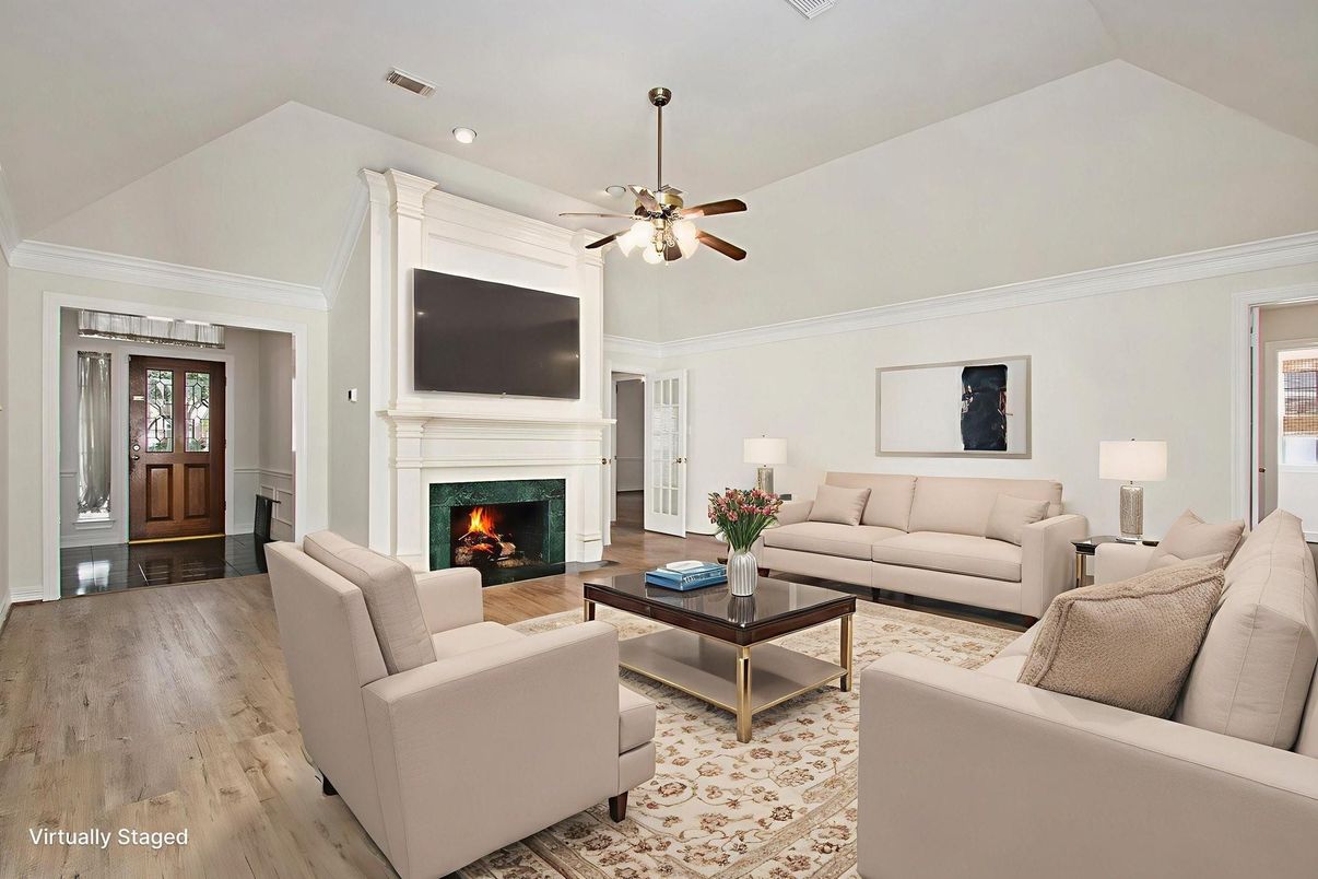 Fireplace, Interior, Living room, Recessed Lighting, Wood Texture Flooring