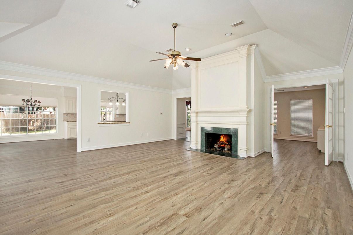 Empty room, Fireplace, Interior, Recessed Lighting, Wood Texture Flooring