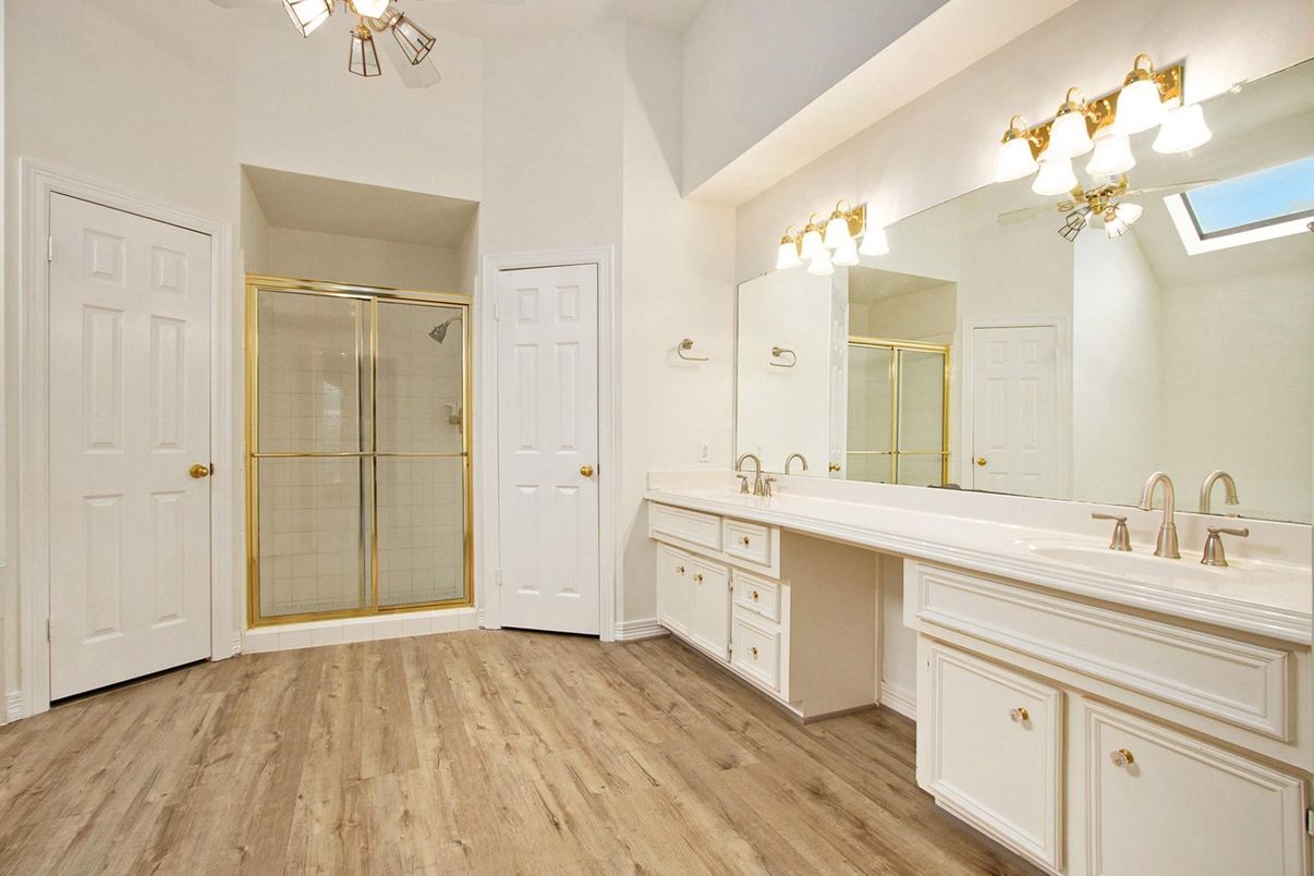 Bathroom, Dual Sink Vanities, Glass Shower, Interior, Wood Texture Flooring
