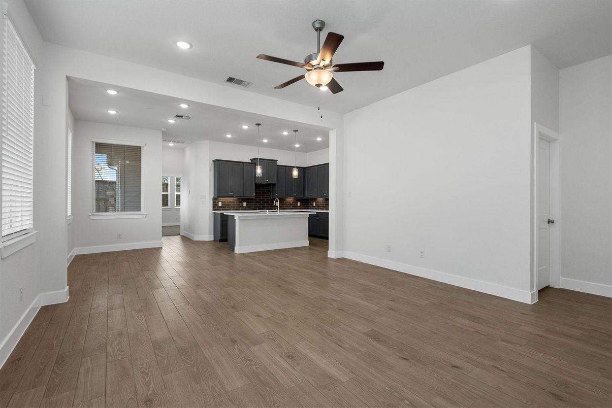 Empty room, Interior, Kitchen, Pendant Lights, Recessed Lighting, Wood Texture Flooring