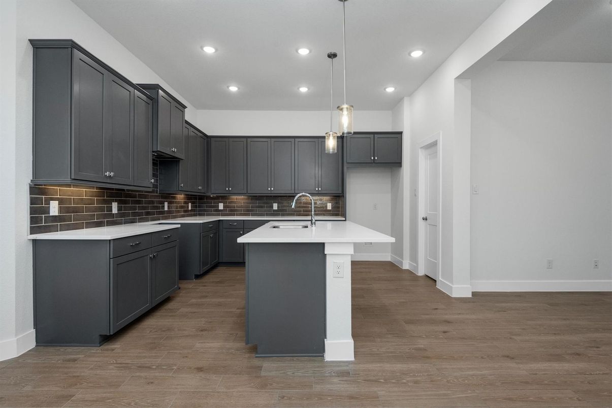 Interior, Kitchen, Pendant Lights, Recessed Lighting, Wood Texture Flooring