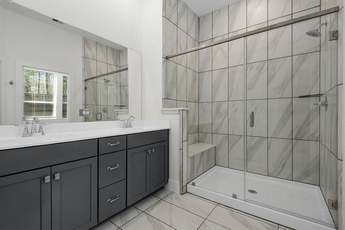 Bathroom, Dual Sink Vanities, Glass Shower, Interior, Marble Walls