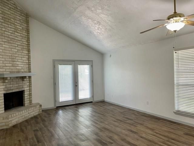 Empty room, Fireplace, Interior, Stone Walls, Wood Texture Flooring
