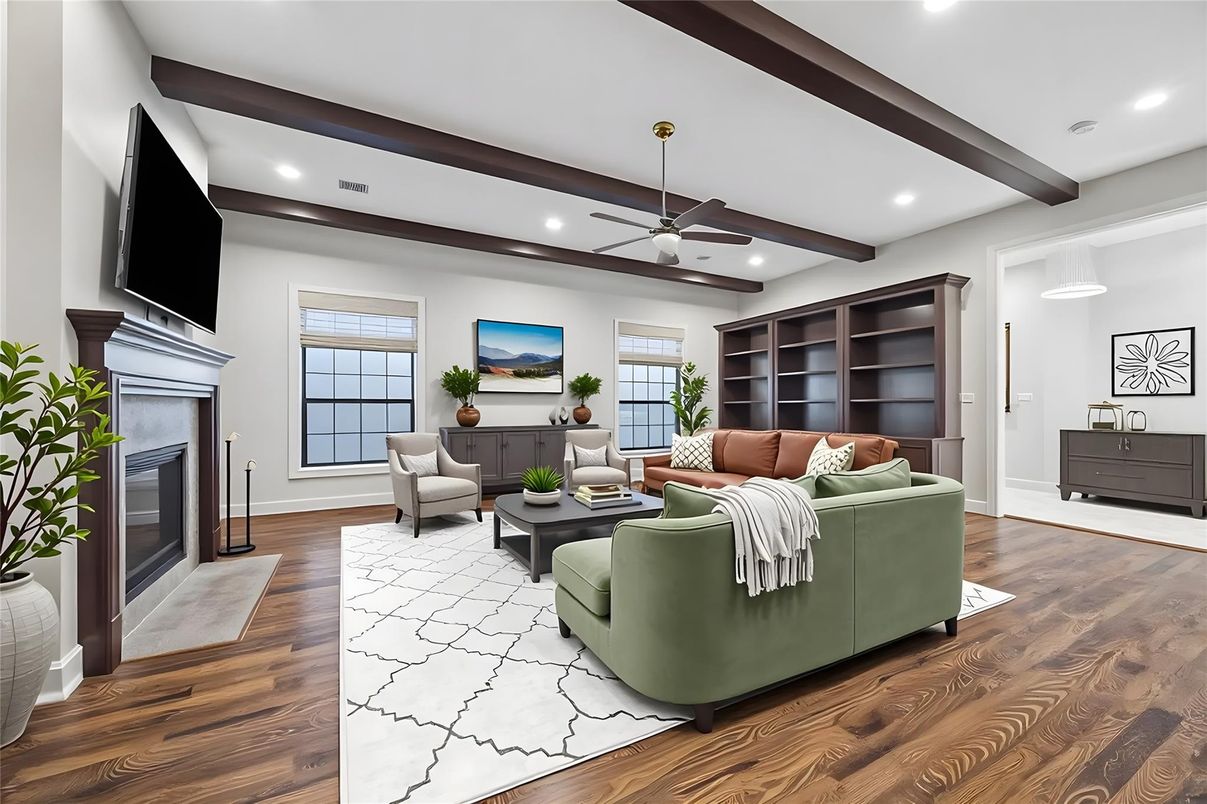 Fireplace, Interior, Living room, Recessed Lighting, Wooden Beams, Wood Texture Flooring