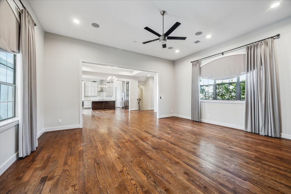 Chandelier, Empty room, Interior, Recessed Lighting, Wood Texture Flooring