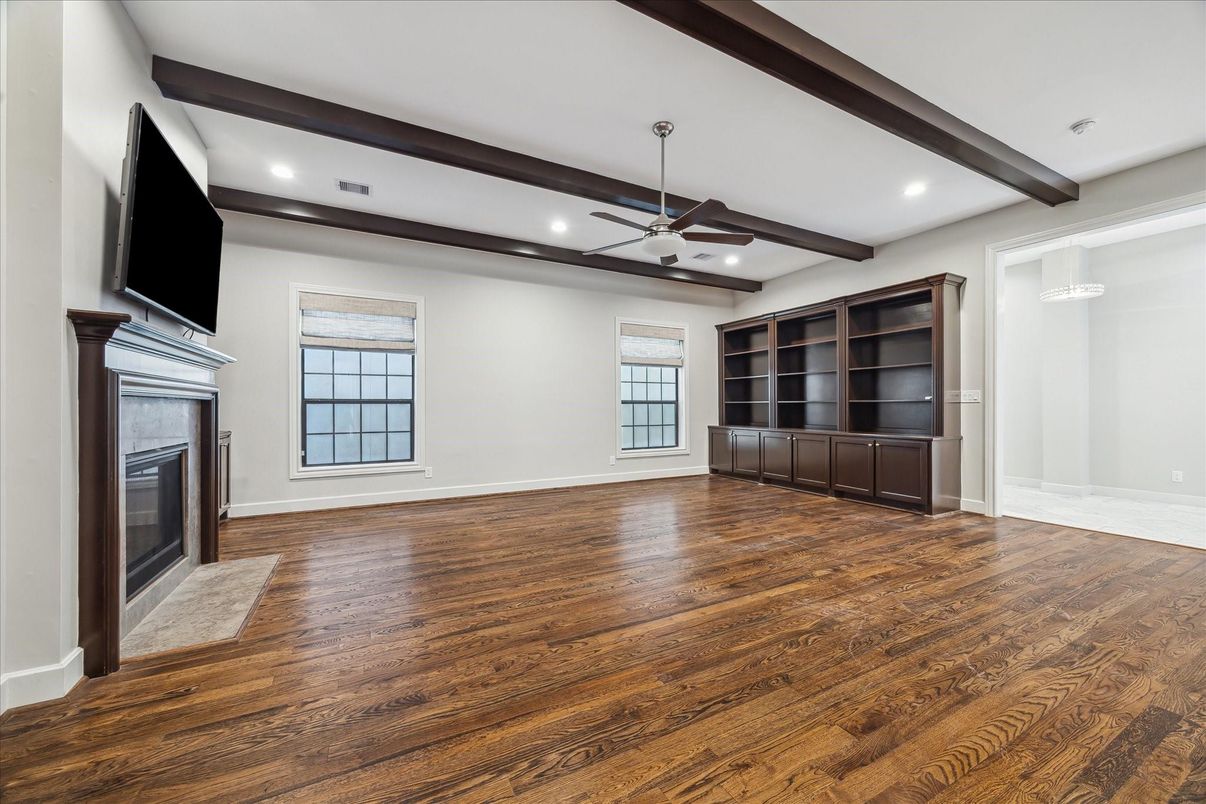 Empty room, Fireplace, Interior, Recessed Lighting, Wooden Beams, Wood Texture Flooring