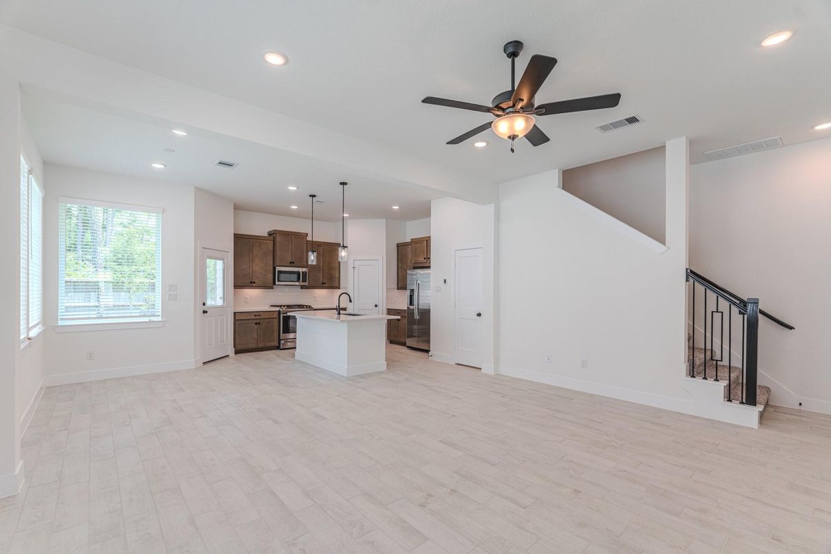 Interior, Kitchen, Pendant Lights, Recessed Lighting, Wood Texture Flooring