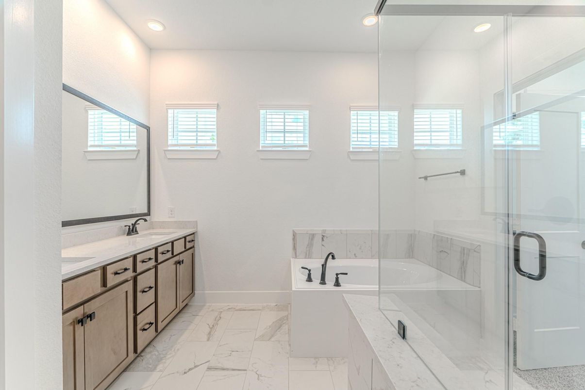Bathroom, Dual Sink Vanities, Glass Shower, Interior, Marble, Recessed Lighting