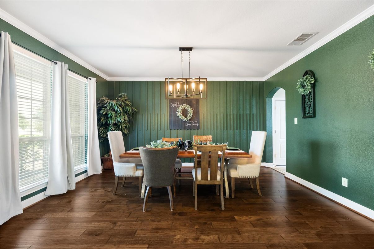 Dining room, Interior, Pendant Lights, Wood Texture Flooring