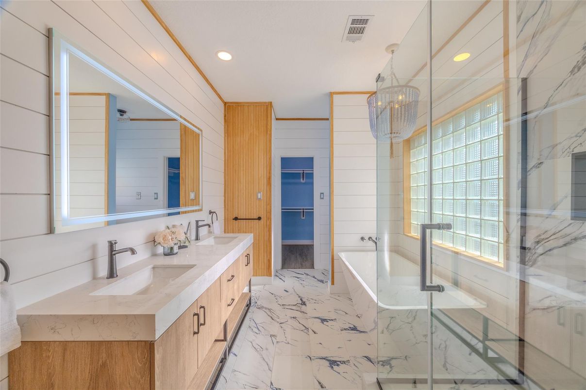 Bathroom, Chandelier, Dual Sink Vanities, Glass Shower, Interior, Marble, Marble Walls, Recessed Lighting