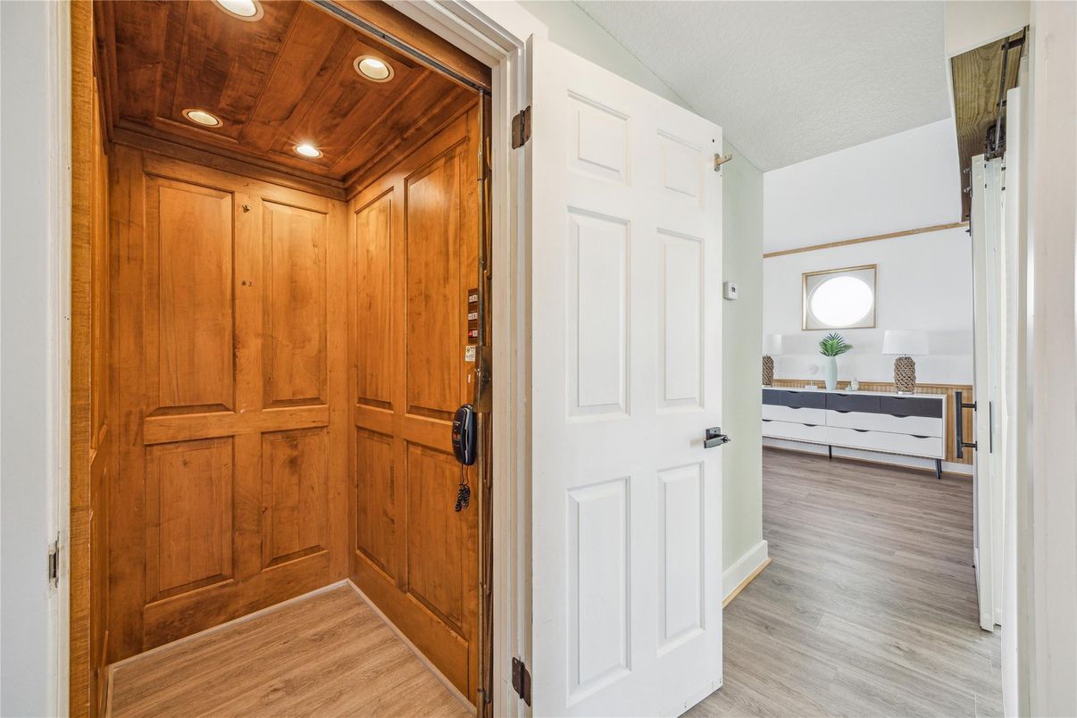 Elevator, Interior, Recessed Lighting, Wooden Ceilings, Wood Texture Flooring, Wooden Walls