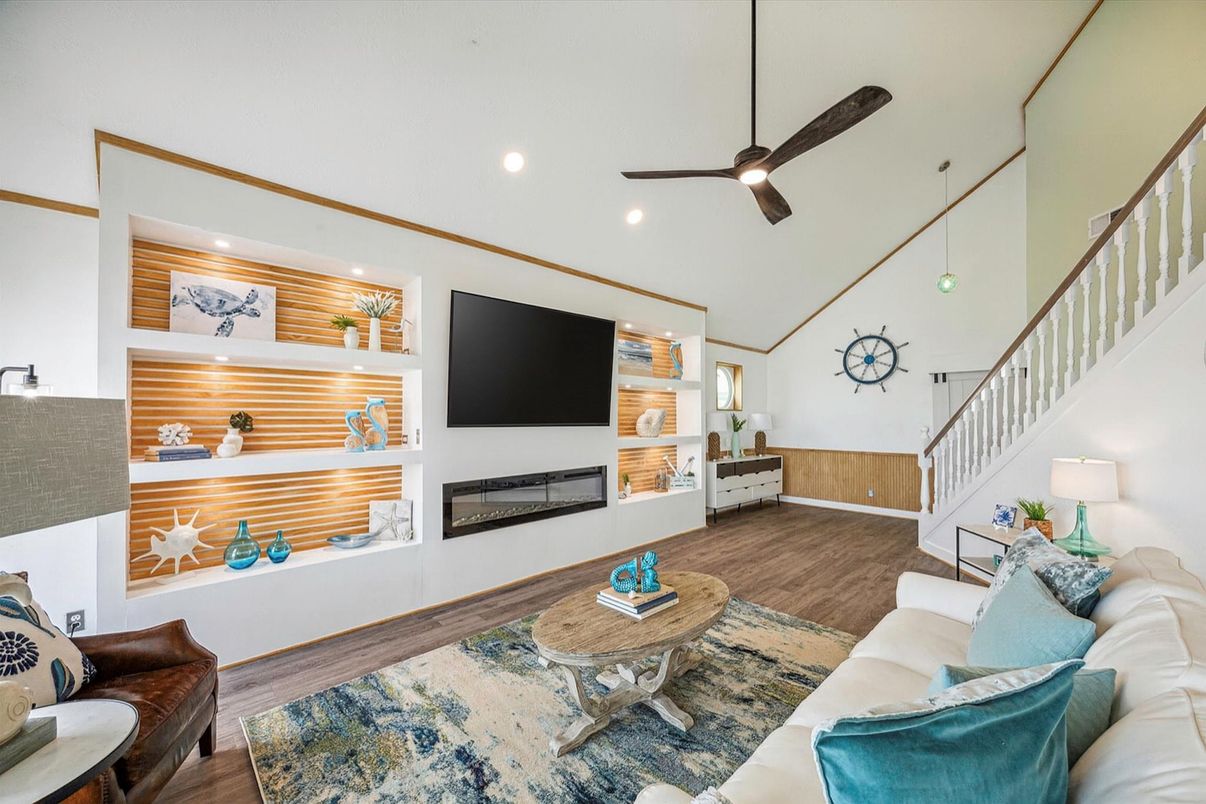 Fireplace, Interior, Living room, Recessed Lighting, Wood Texture Flooring