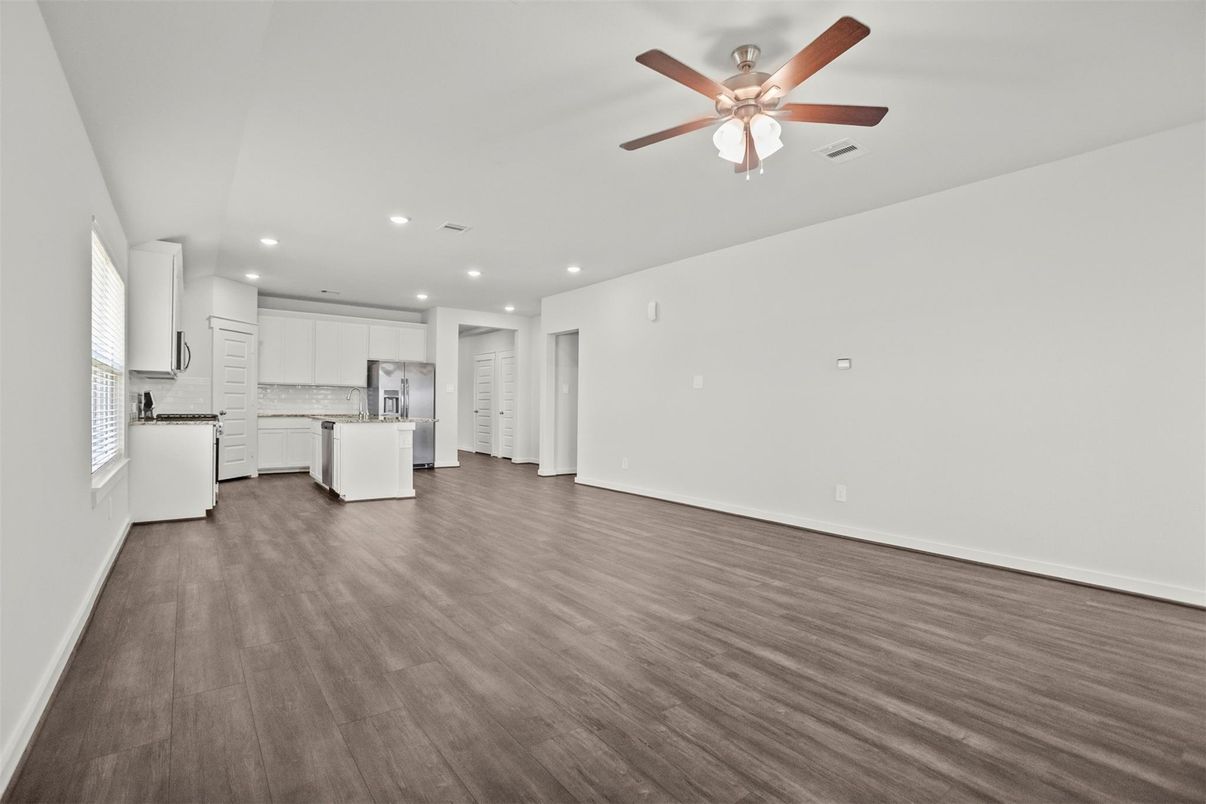 Empty room, Interior, Kitchen, Recessed Lighting, Wood Texture Flooring